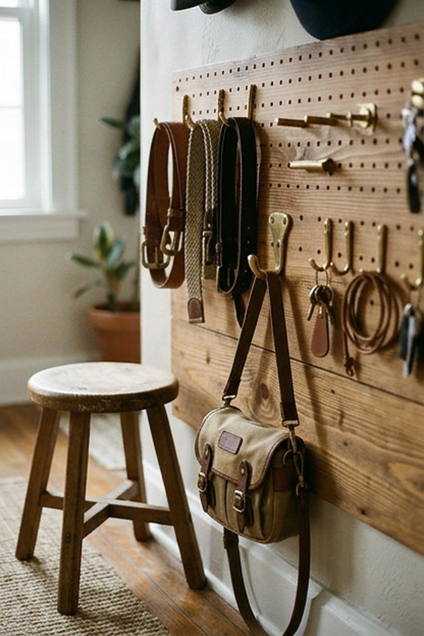 A dedicated accessory wall with hooks holding belts and bags
