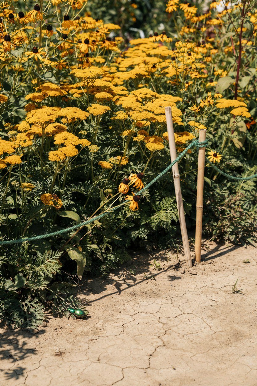 Flat mustard achillea plates and golden rudbeckia daisies packed into a sunny bed