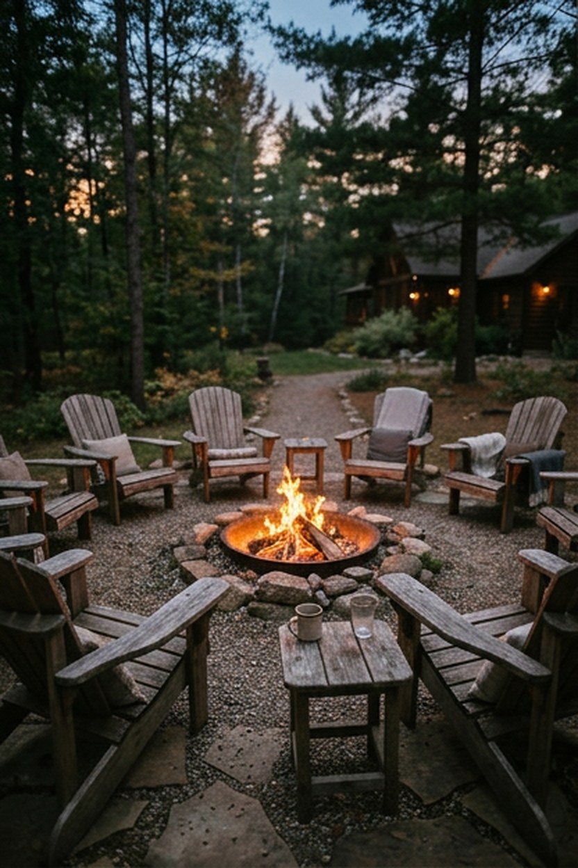 Adirondack chairs circling a classic wood fire pit