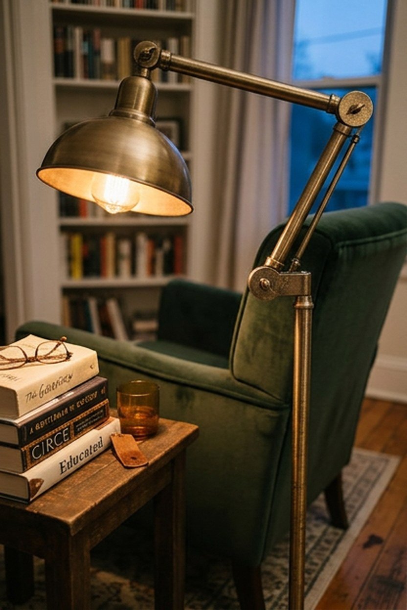 A floor lamp with an adjustable arm beside a library reading chair