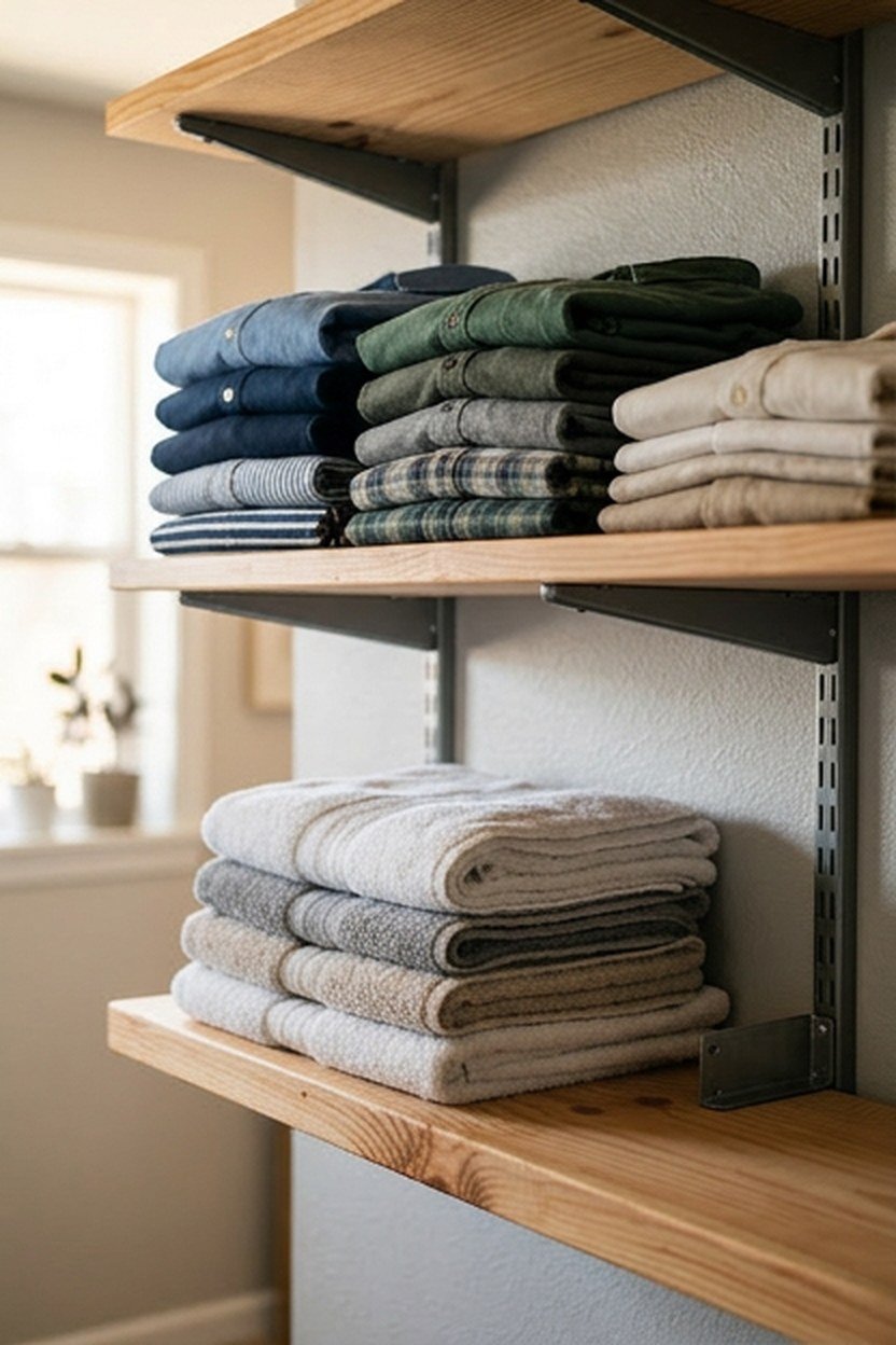 An adjustable shelving system in a dressing room closet
