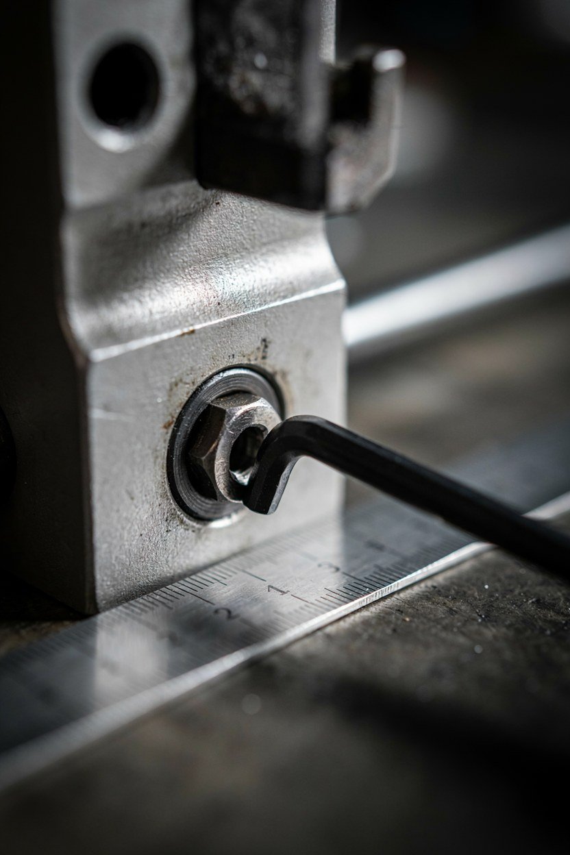 An allen key turning the adjuster on the pivot of a loaded bookcase door