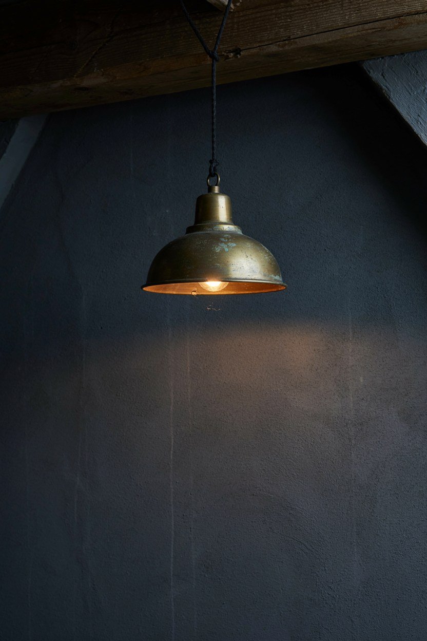 Aged brass pendant light against a charcoal attic wall