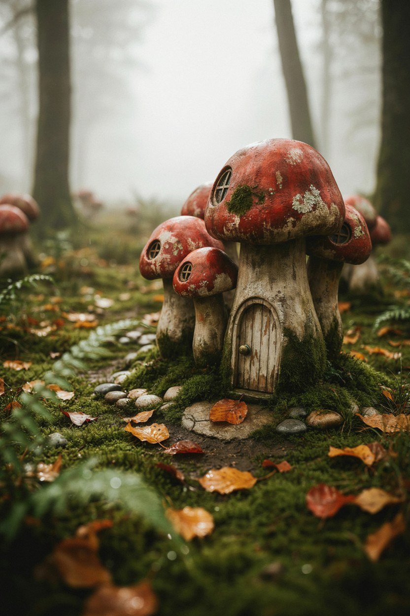 Weathered toadstool village with fallen leaves left in place