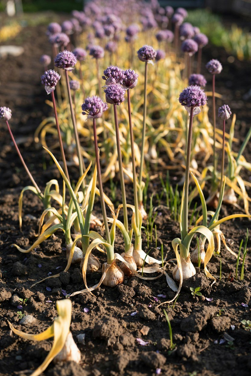 Round purple allium heads rising between the low new growth of spring perennials