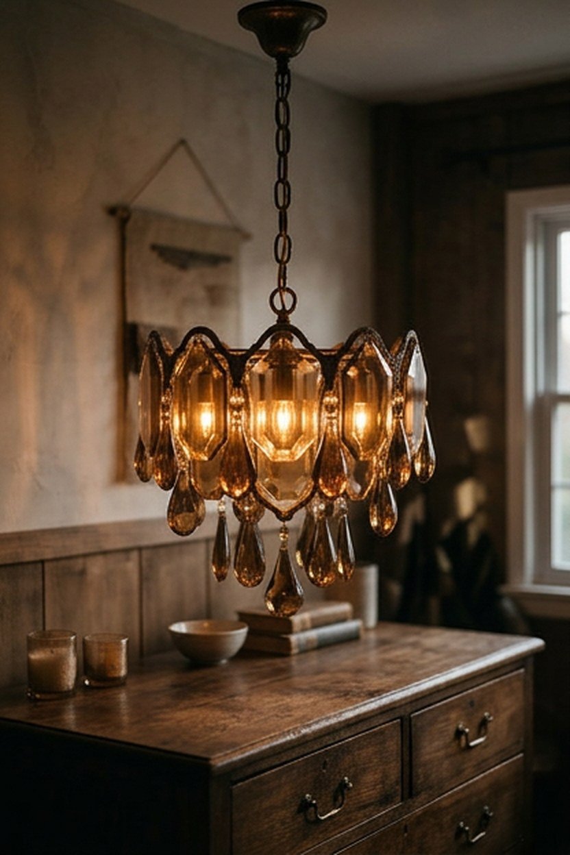 A chandelier with warm amber smoked glass elements in a bedroom