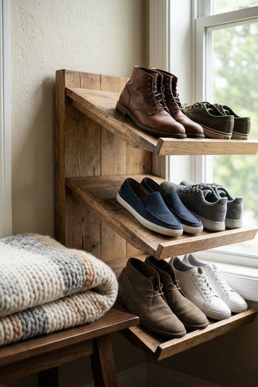 Angled shoe display shelving in a dressing room