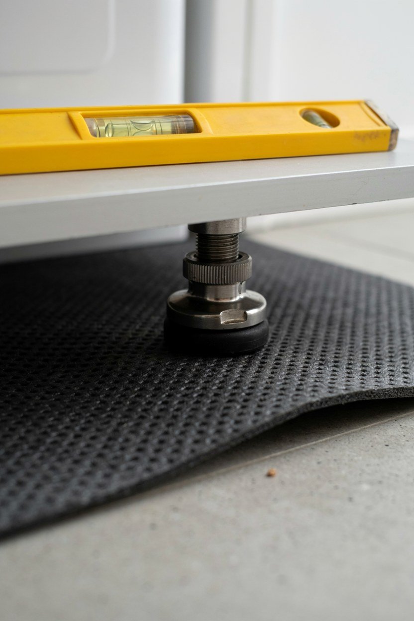 Rubber anti vibration mat under a washing machine foot