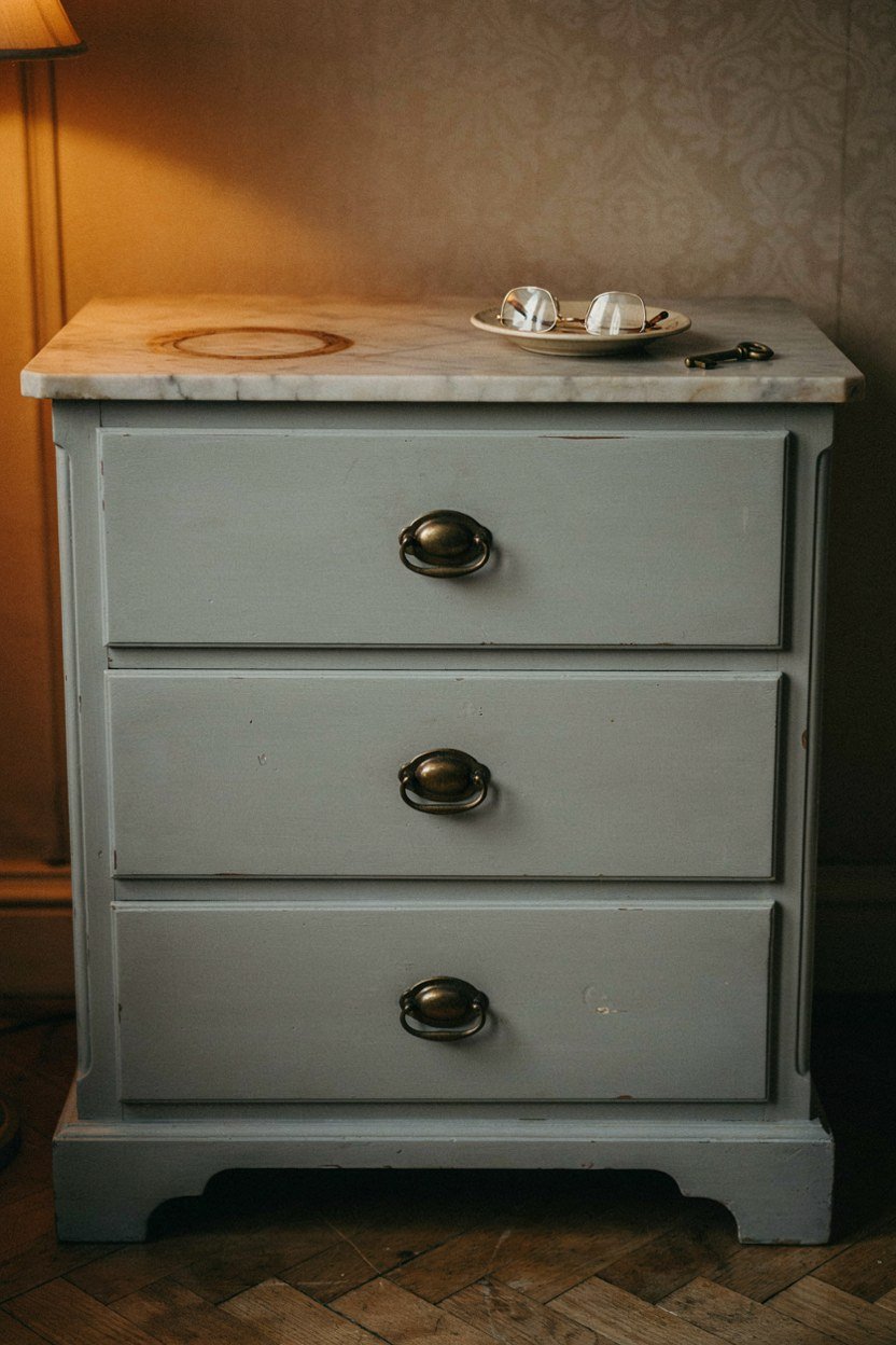 An antique marble topped chest of drawers anchoring a French dressing room scheme