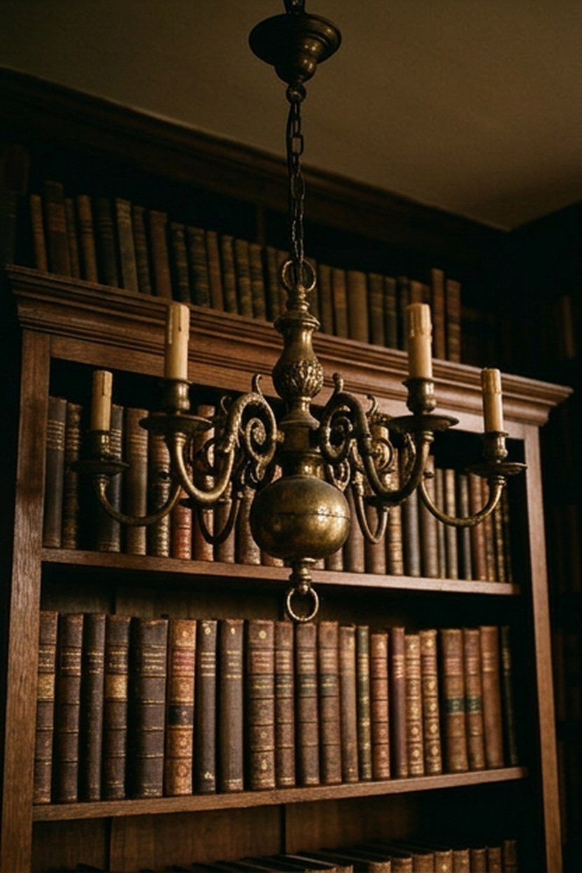 An antique vintage chandelier with restored wiring in a bedroom