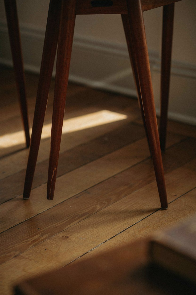 Antique writing table on four slim legs with floor showing underneath