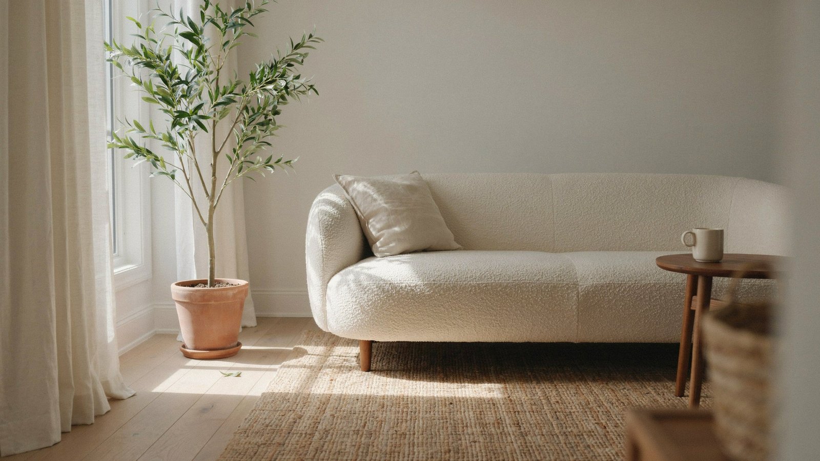 Sunlit apartment living room styled in warm neutrals with a curved sofa and a tall plant