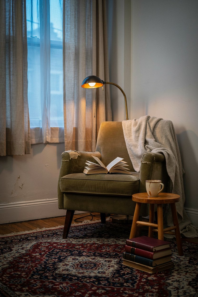 Reading nook in an apartment corner with an armchair, floor lamp and mug