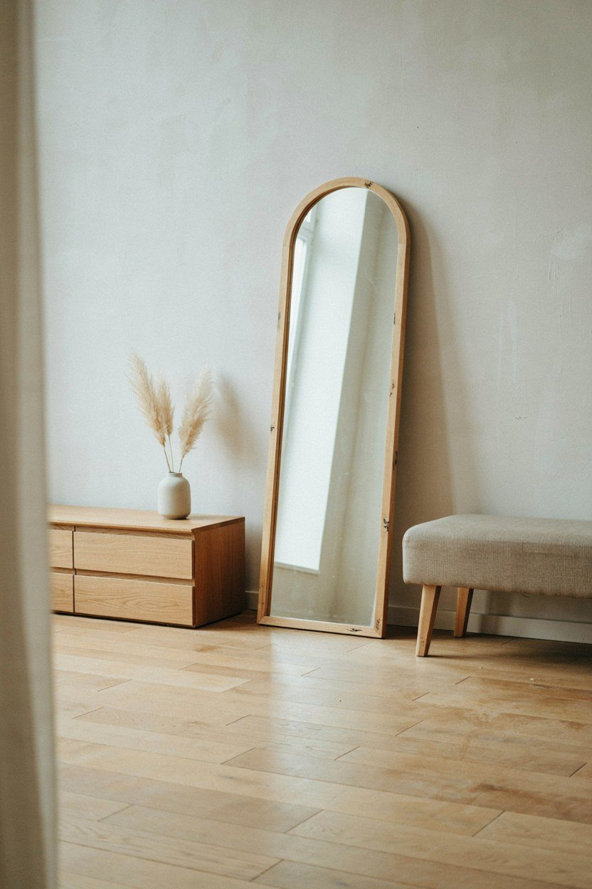 Arched mirror leaning against a wall among straight lined furniture