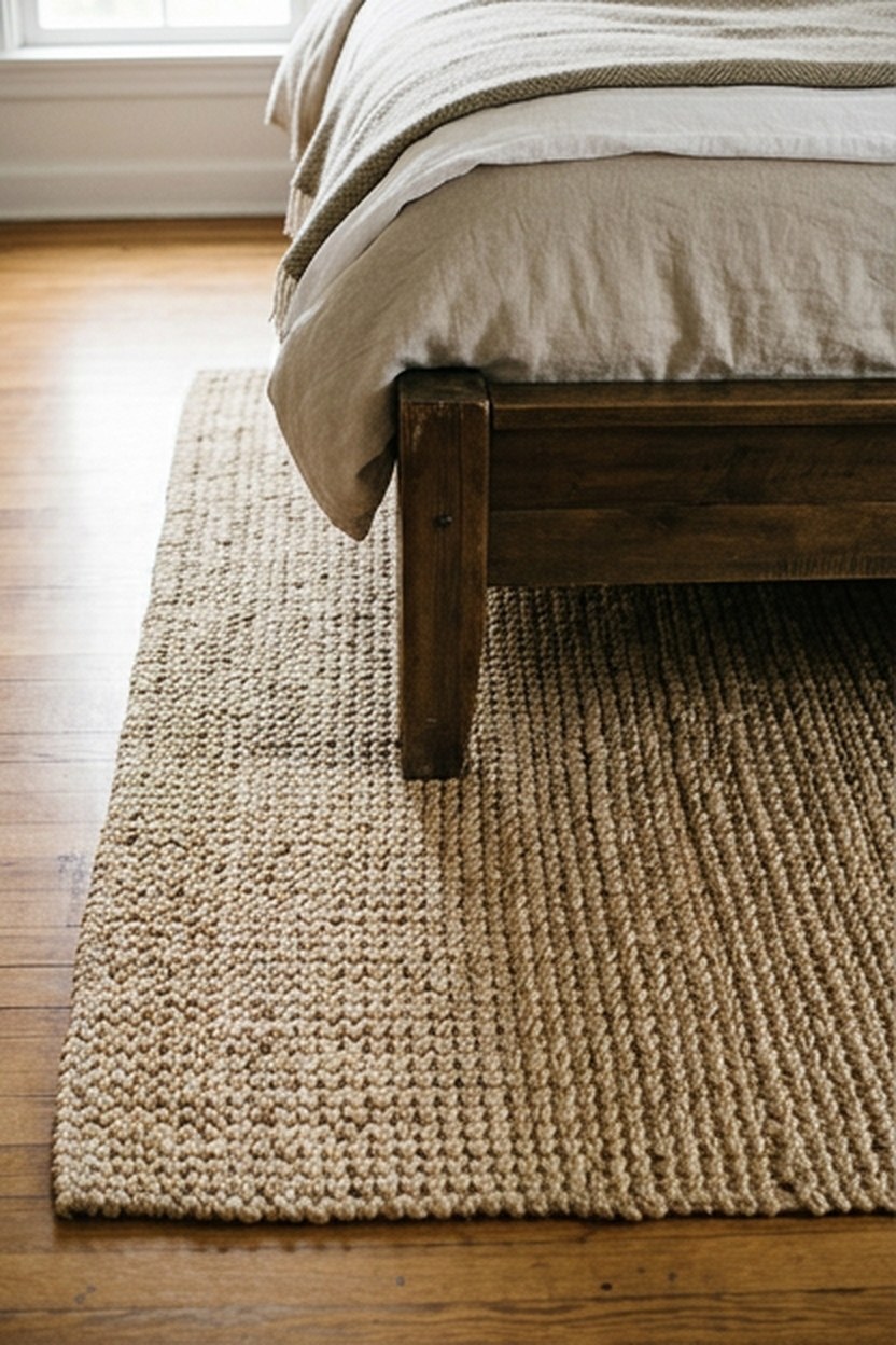 A substantial area rug layered beneath a modern luxury bed