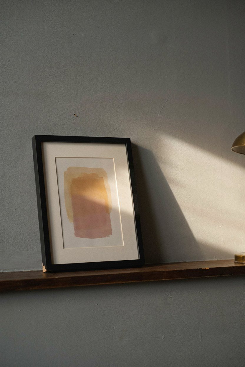 Framed art leaning on a picture ledge against a charcoal wall