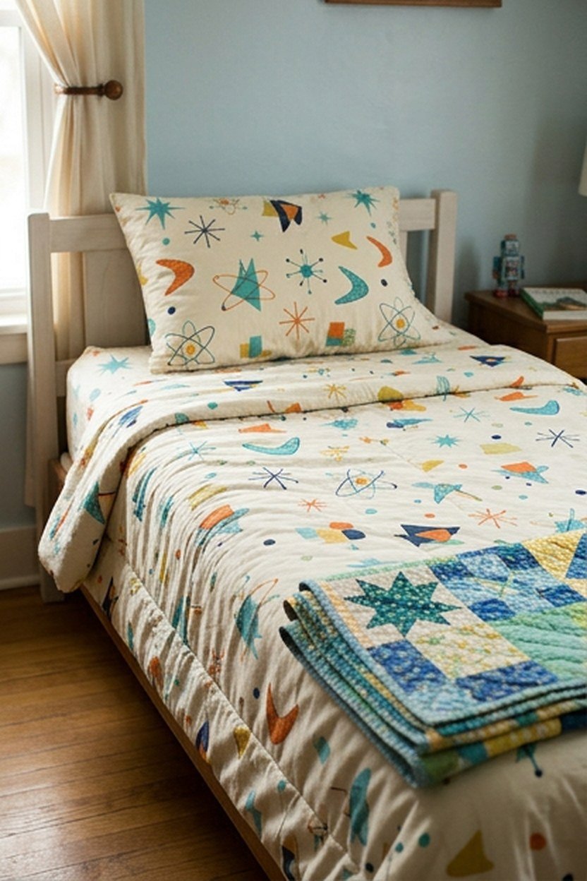Atomic age patterned bedding on a kids bedroom bed