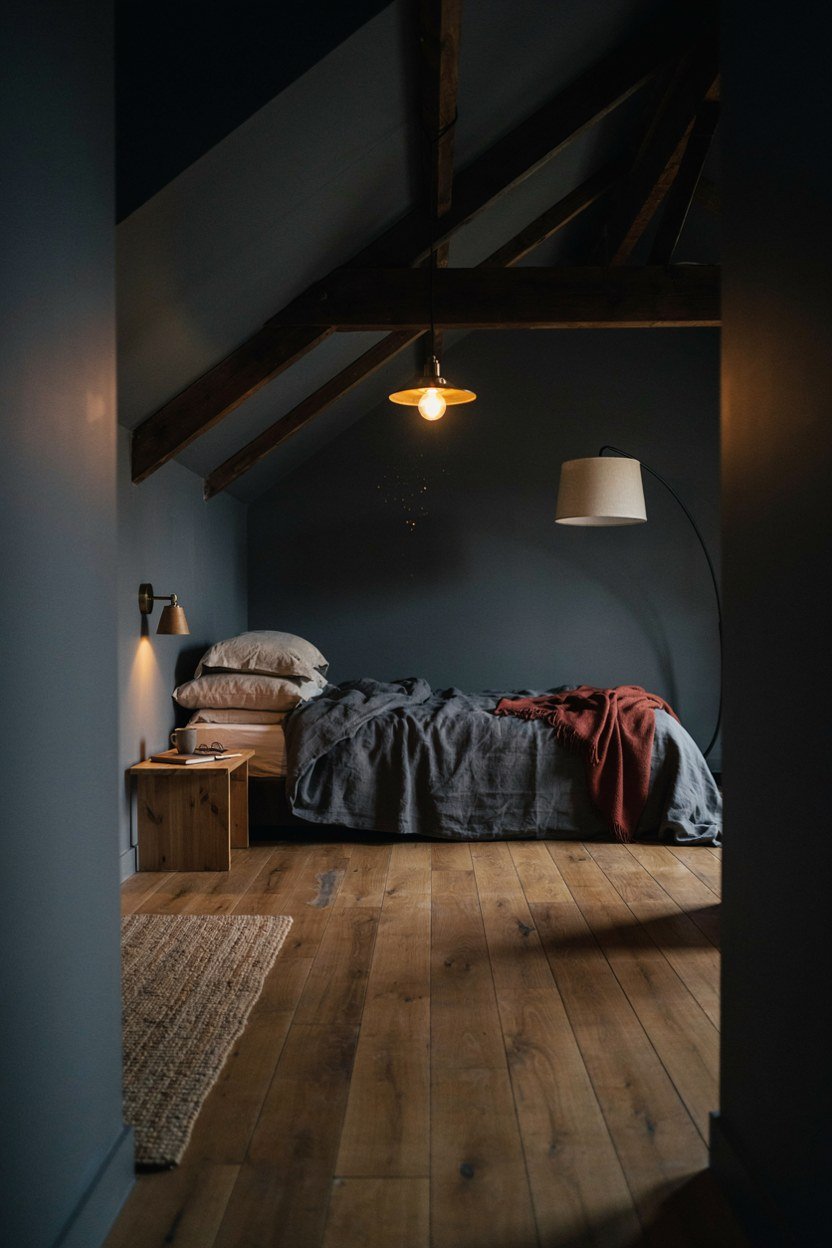Attic bedroom lit by pendant, wall light and floor lamp together