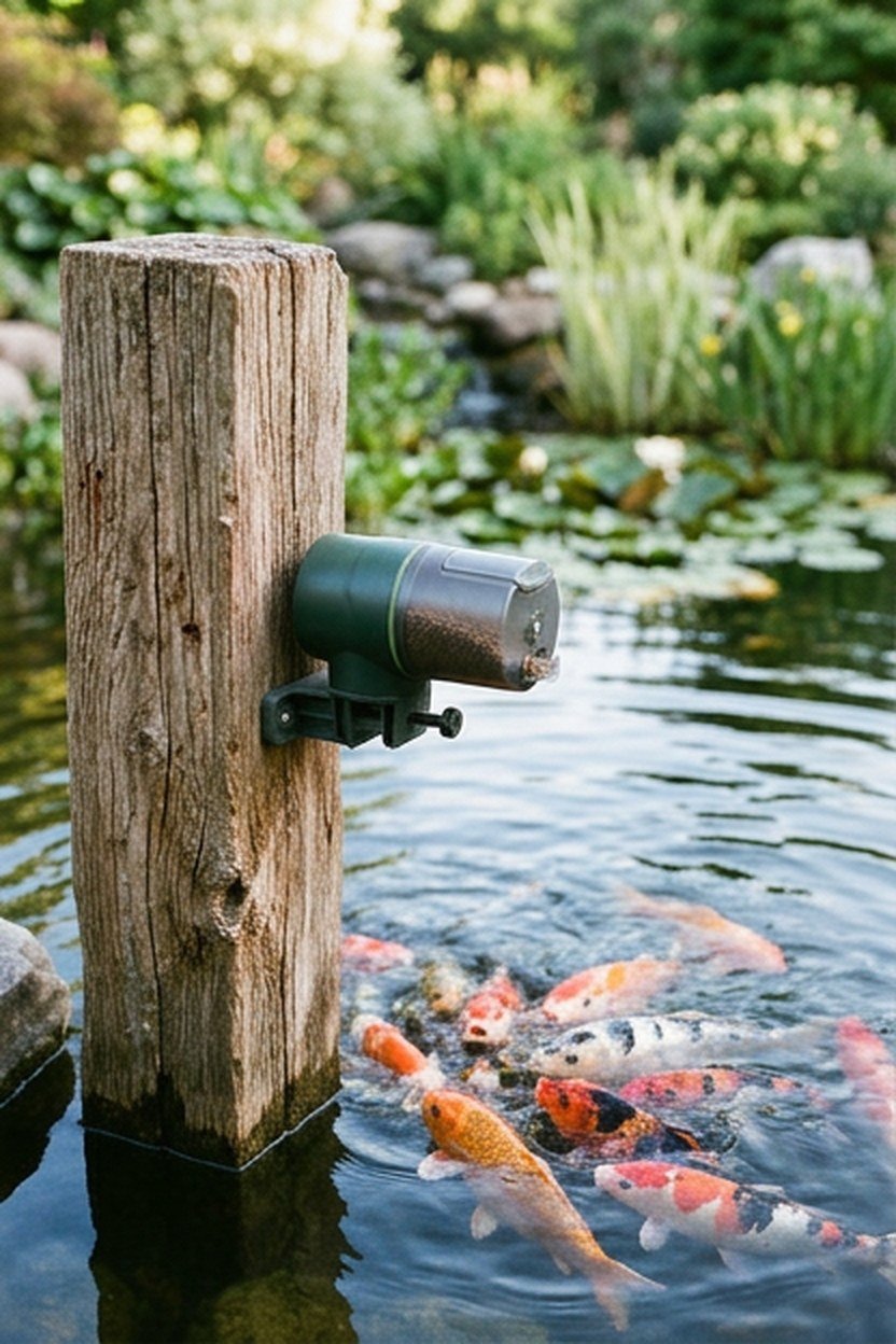 An automatic feeder mounted at a koi pond feeding station