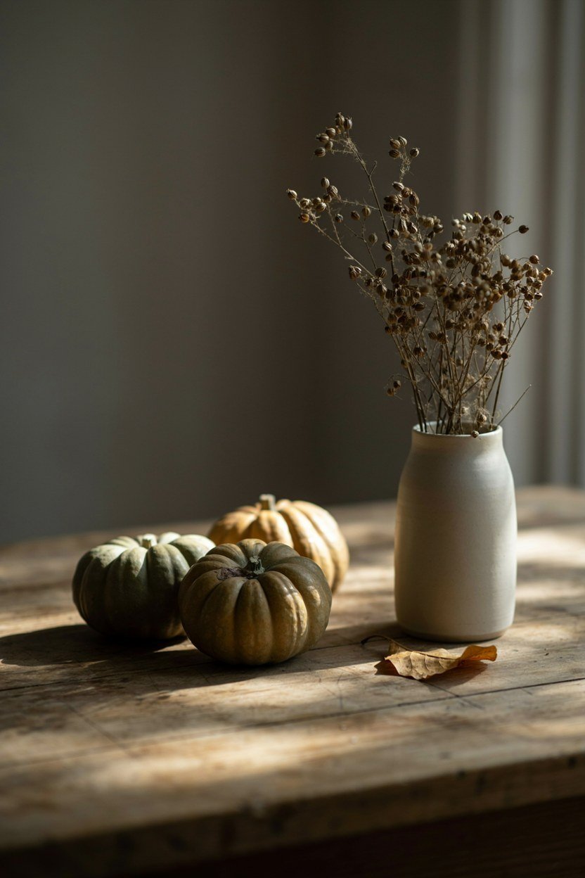 Squash and dried seed heads used as autumn styling on a wooden table