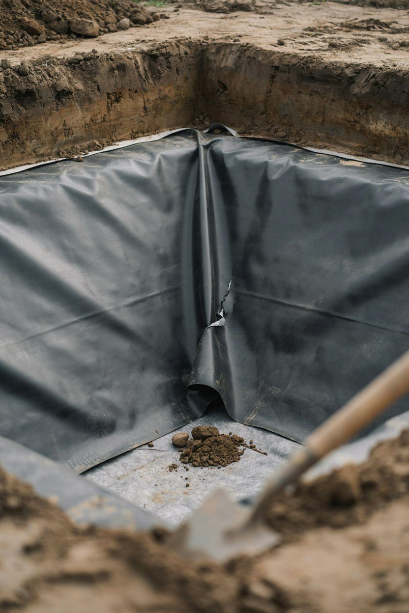 Excavated pond hole showing depth and a stepped planting shelf