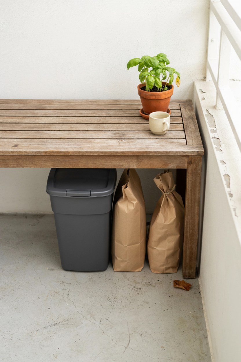Small composting bin tucked under a balcony bench