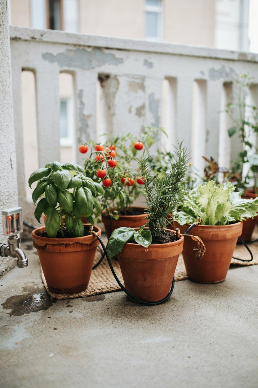 Drip irrigation line and timer set up on a balcony