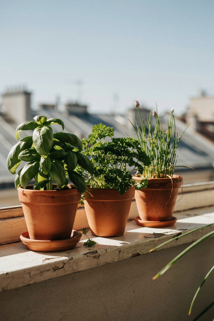 Pots of basil, parsley and chives on a balcony ledge