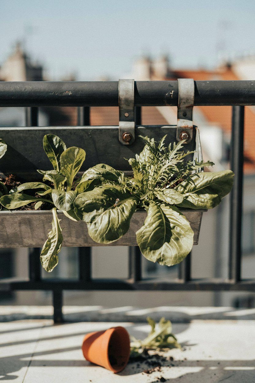Rail planter of salad leaves fixed inside a balcony balustrade