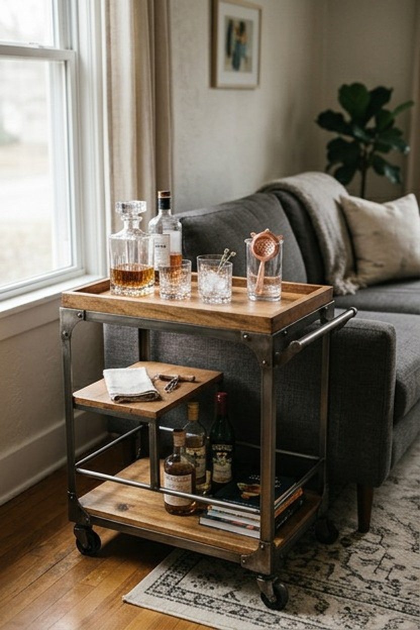 A rolling bar cart serving as kitchen storage in a studio