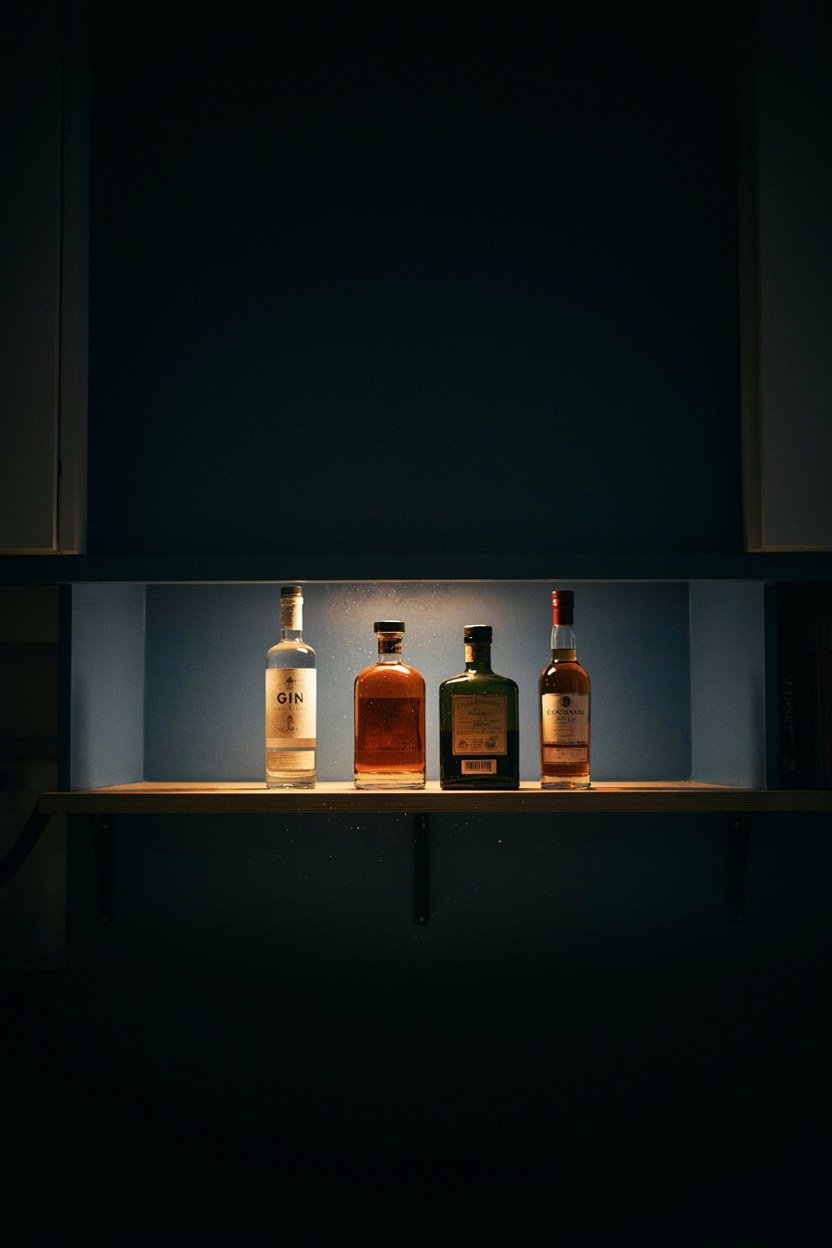 Warm strip light under a shelf lighting spirit bottle labels from above