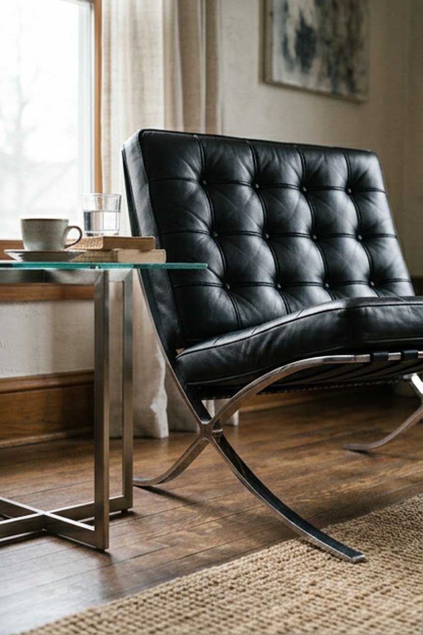 A Barcelona style chair with a tufted leather cushion and steel X-frame