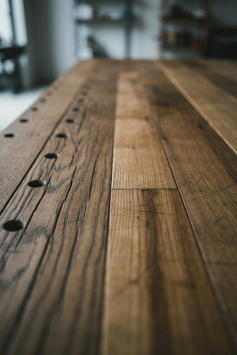The bare top of a reclaimed wood table showing saw marks and old bolt holes
