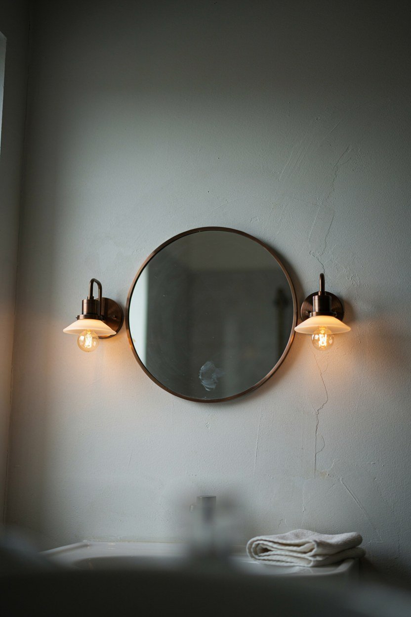 Two wall lights mounted at eye level either side of a bathroom mirror