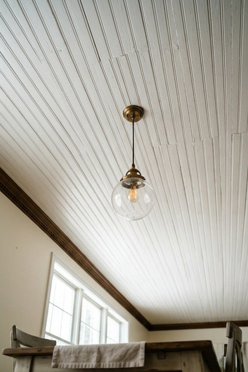A painted beadboard ceiling treatment in a farmhouse dining room