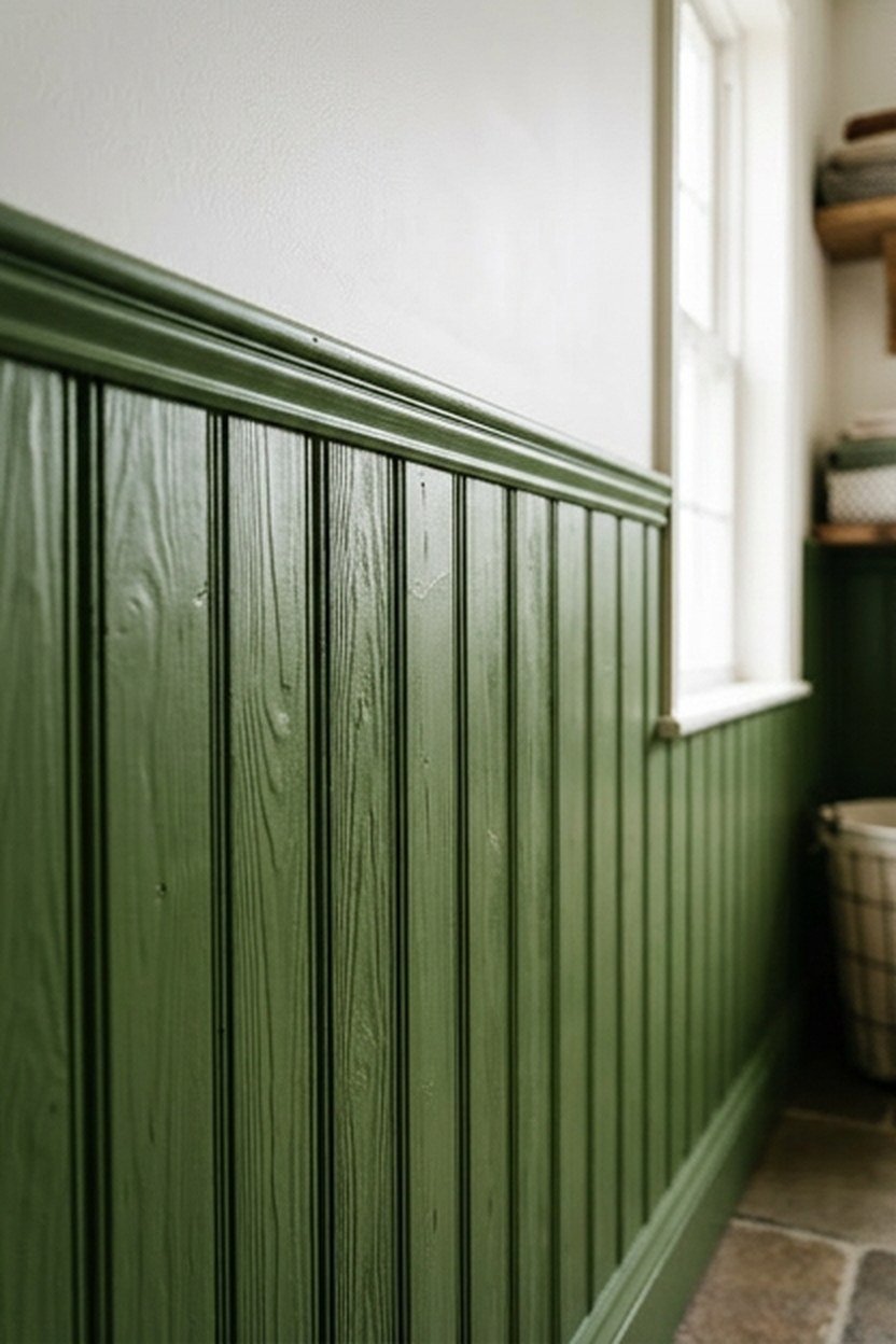 Green beadboard wainscoting on a laundry room wall