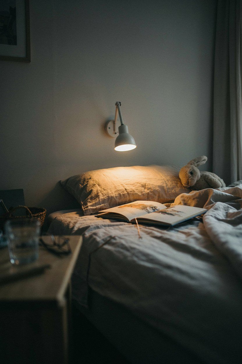 Wall mounted reading light beside a child's bed