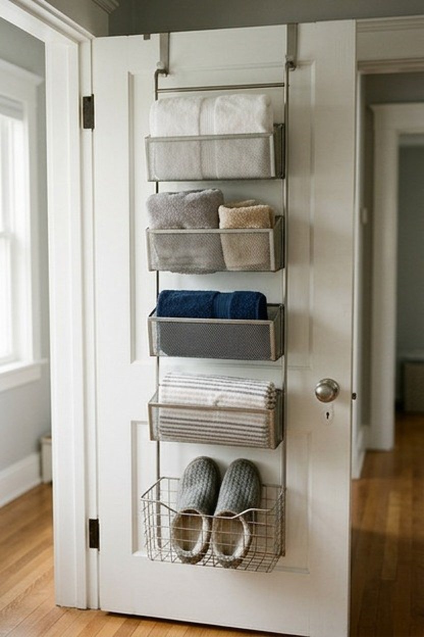 A behind the door storage rack in a studio apartment closet
