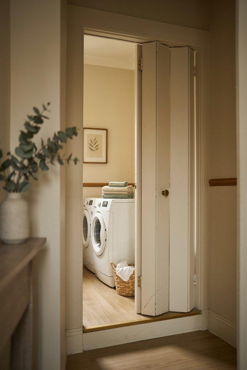 Bifold door folded back to reveal a laundry nook off a hallway