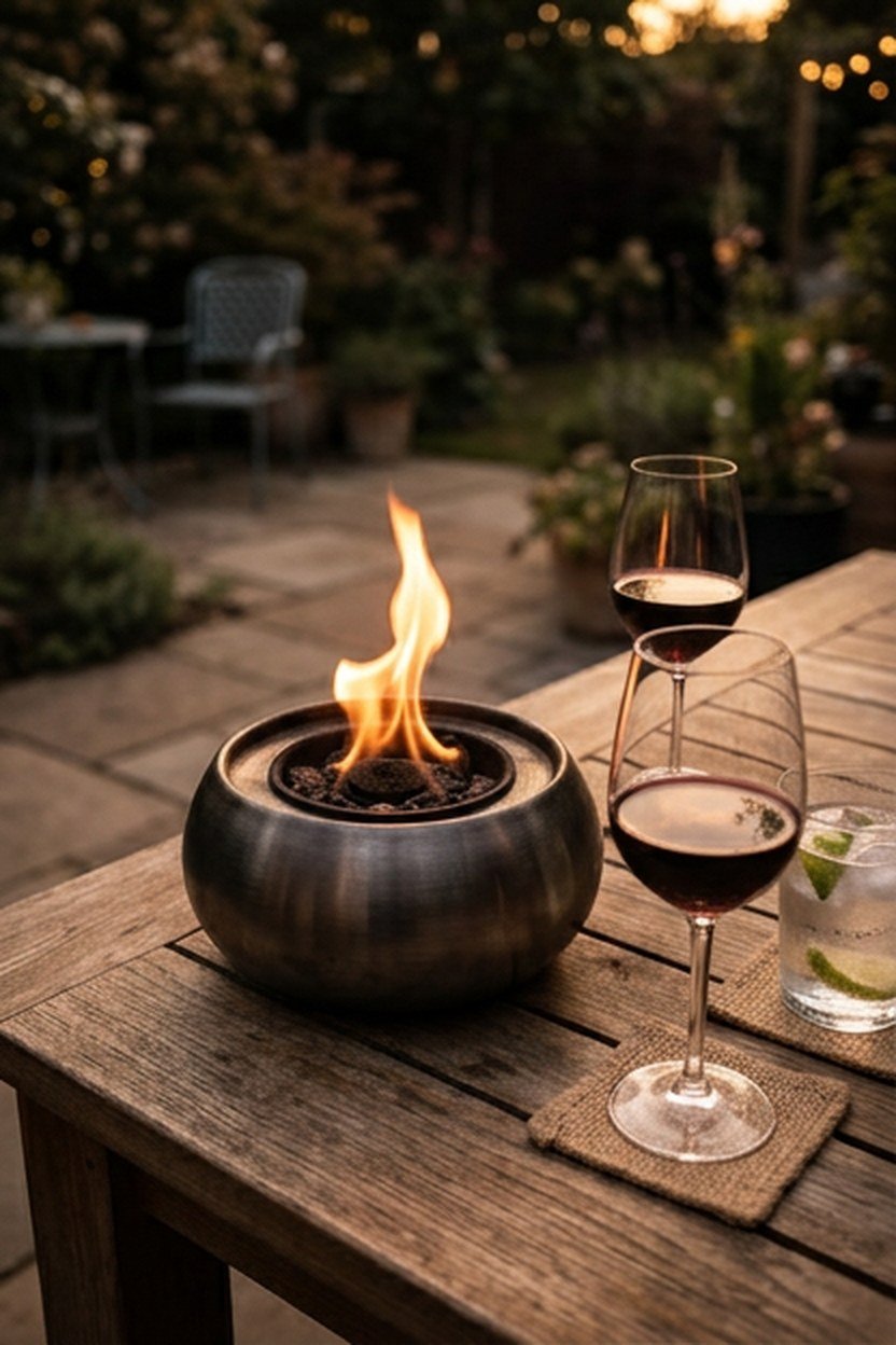 A tabletop bioethanol fire bowl on a small patio table