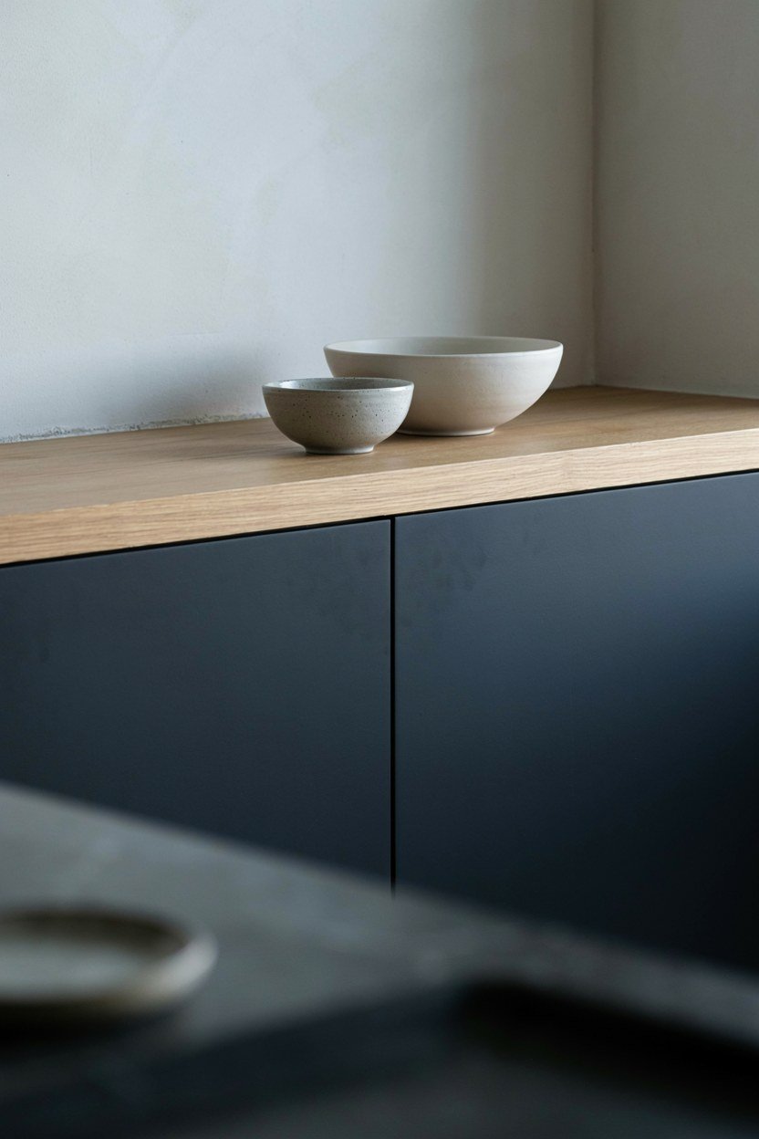 Matt black kitchen cabinets beside a pale oak open shelf