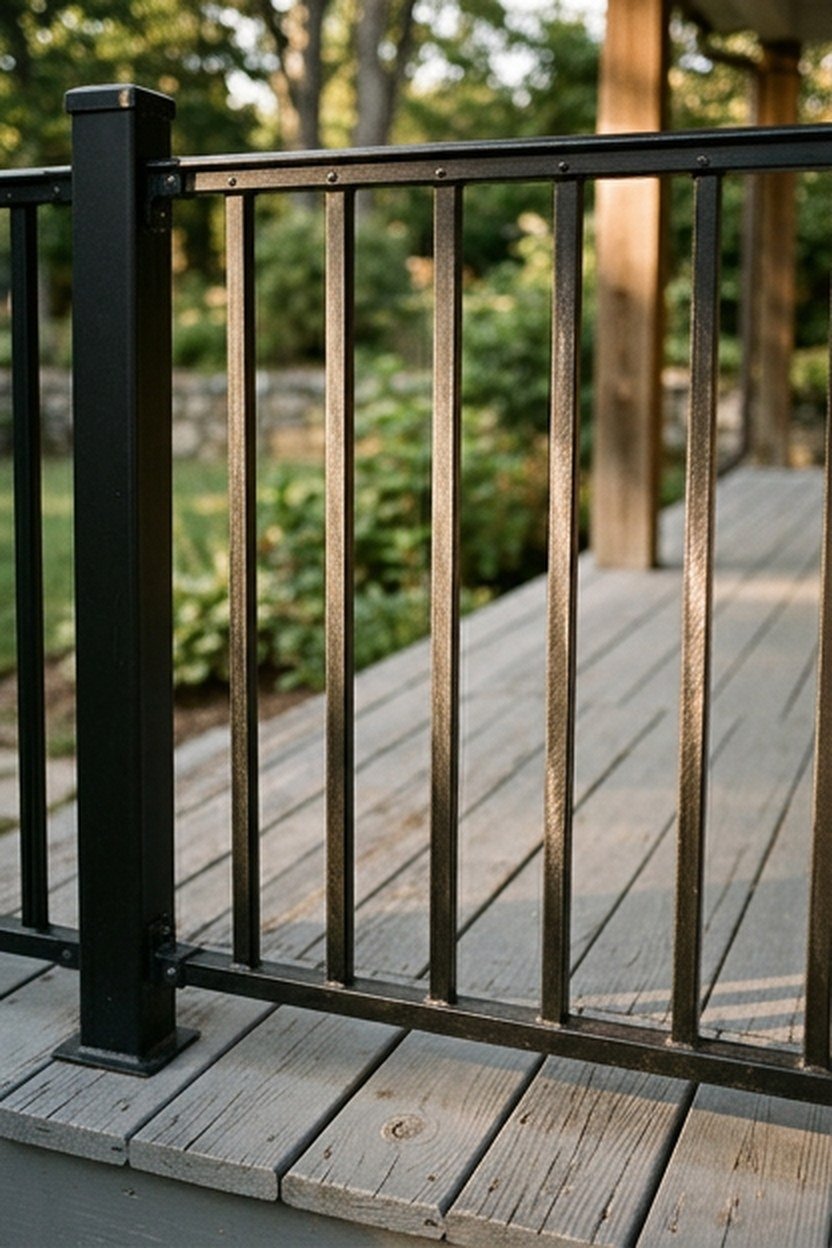 Black metal railing with grey decking accents on a porch