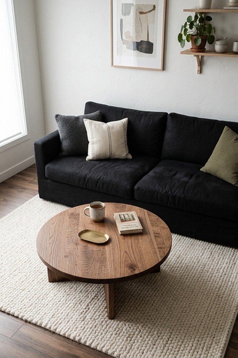 Black and white living room softened with a walnut coffee table