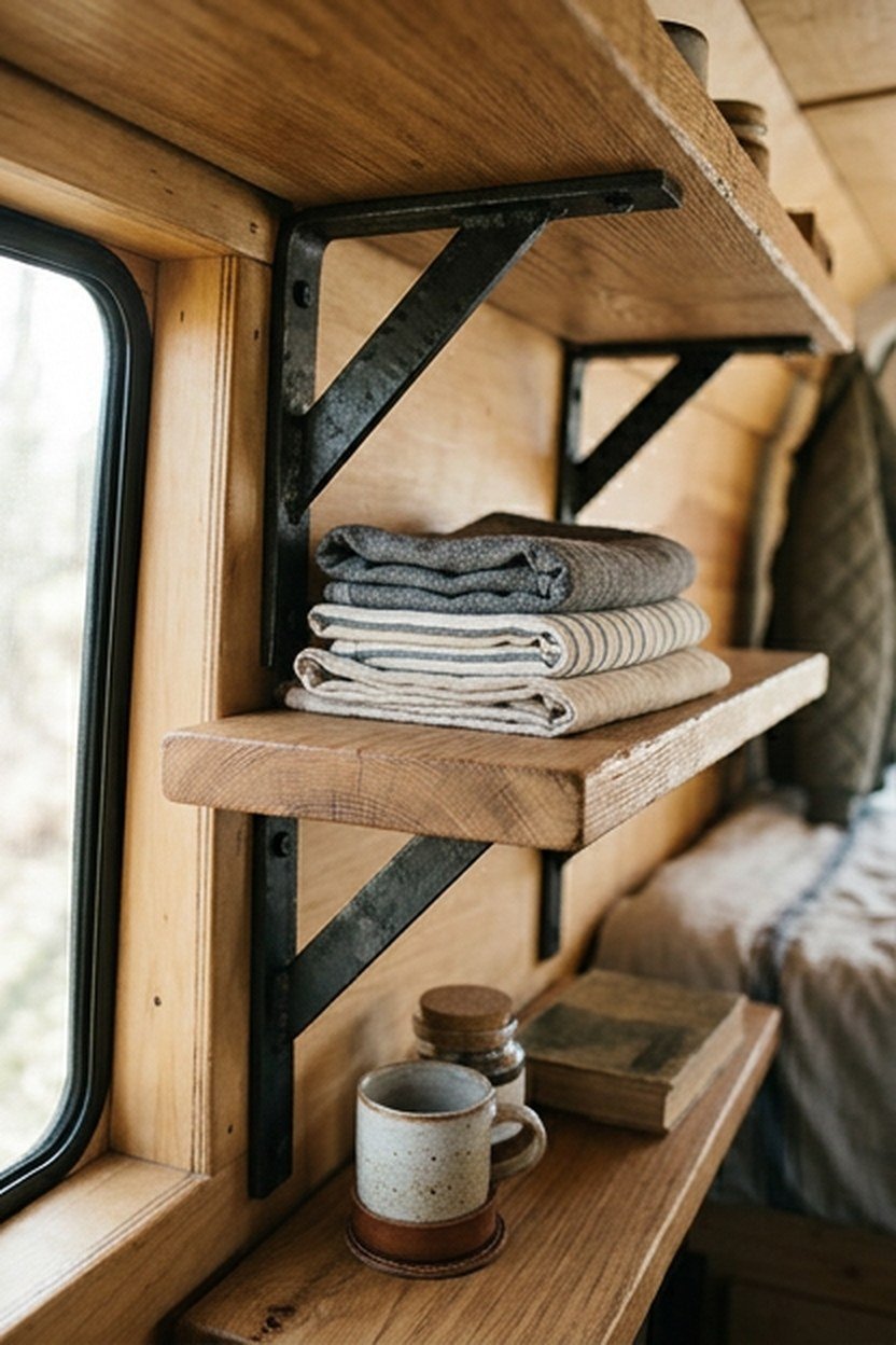 Blackened steel brackets supporting open wood shelving inside a van