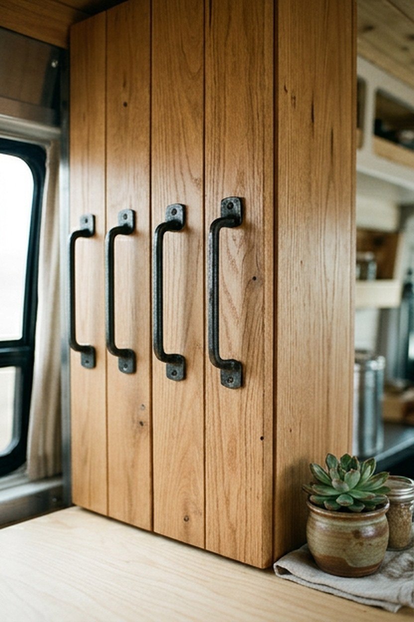 Blackened steel cabinet hardware and pulls on van cabinetry
