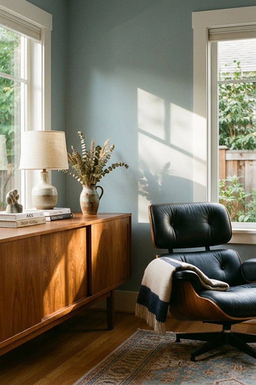 Soft blue-grey walls balanced by walnut and teak furniture