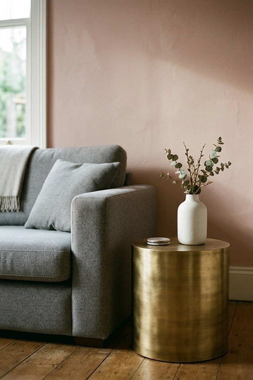 Muted blush walls with a grey sofa and brushed brass side table