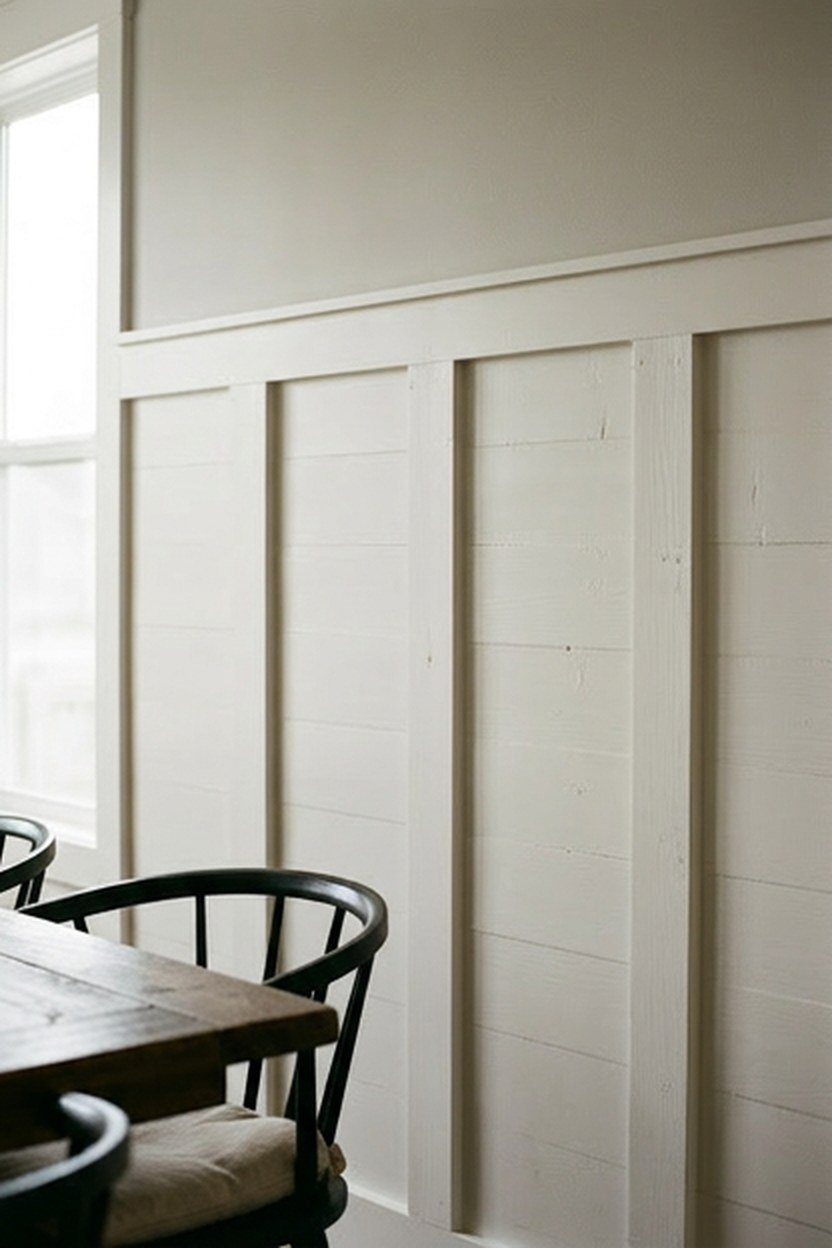 Board and batten wall treatment in a farmhouse dining room