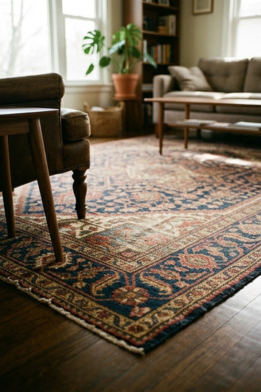 A bold colorful patterned area rug anchoring a boho college apartment living room