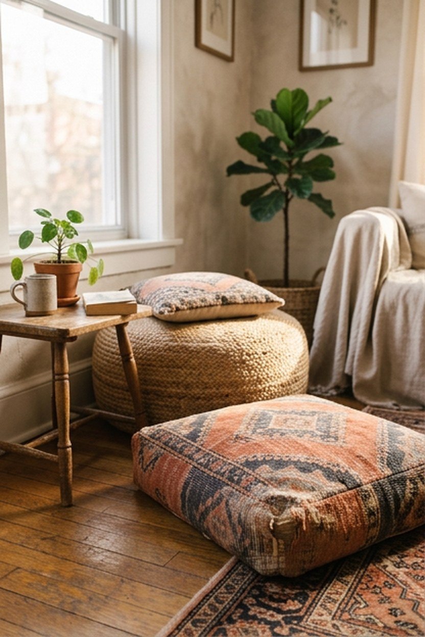 Colorful floor cushions and a pouf arranged for extra seating in a boho apartment